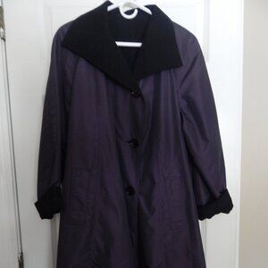 Reversible swing coat, purple nylon and black wool, size large